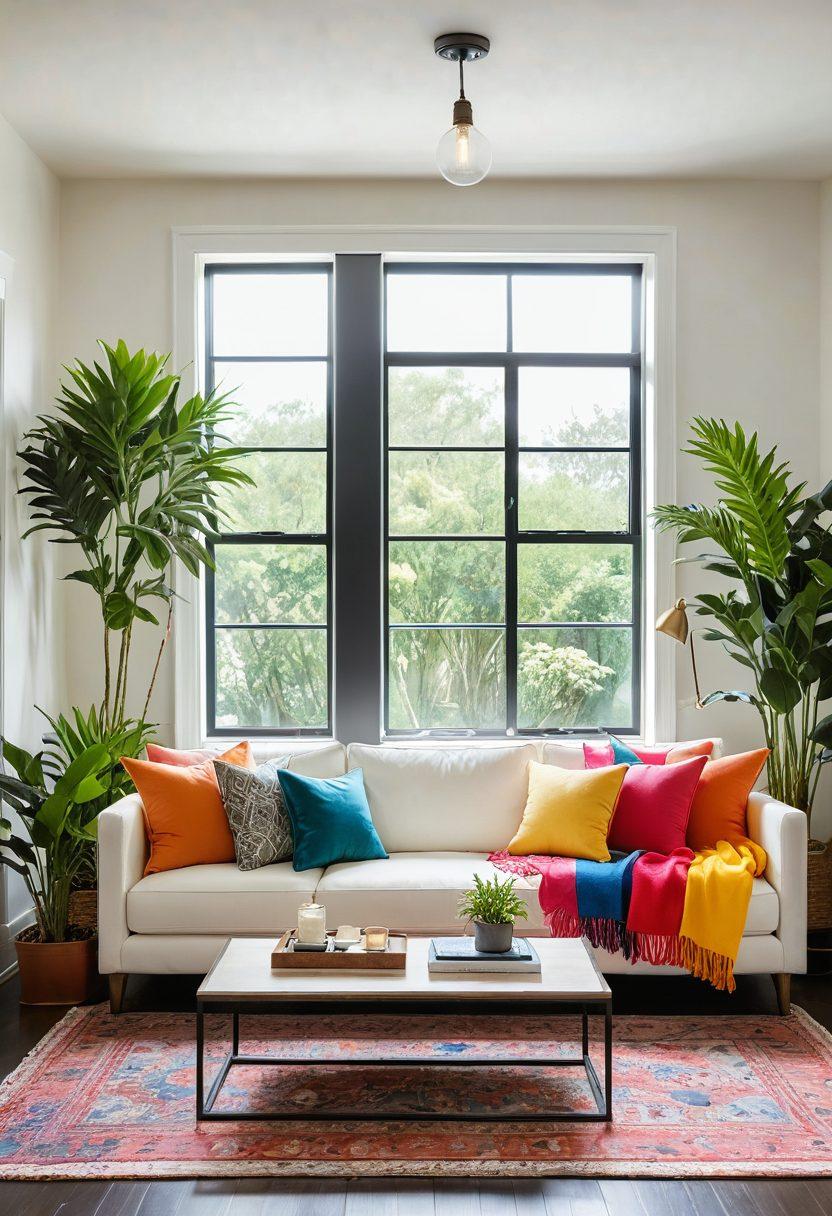 A bright, inviting living room filled with cheerful colors and natural light, featuring upgraded home devices like a smart speaker, stylish lamps, and a cozy sofa with colorful throw pillows. Include lush indoor plants and a warm ambiance created by soft lighting. Show elements of care, such as cleaning supplies and a toolkit subtly placed, to emphasize maintenance. The atmosphere should evoke comfort and happiness, making it a sanctuary. vibrant colors. super-realistic.