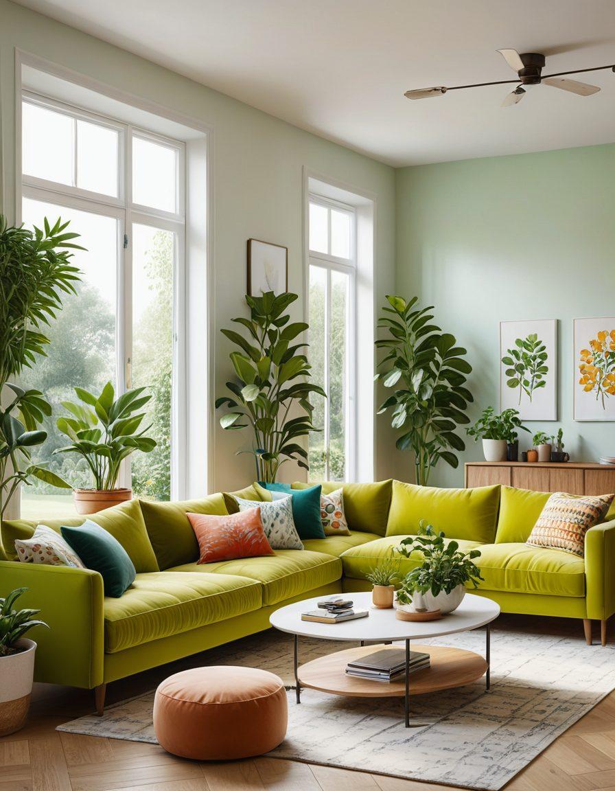 A beautifully designed living room filled with modern appliances, featuring a cozy sofa, bright natural light, and cheerful colors. Showcase stylish kitchen gadgets and smart home devices strategically placed around the room. Add plants for a touch of nature and warmth. Give the scene a welcoming vibe, symbolizing a joyful home. vibrant colors. super-realistic. airy atmosphere.